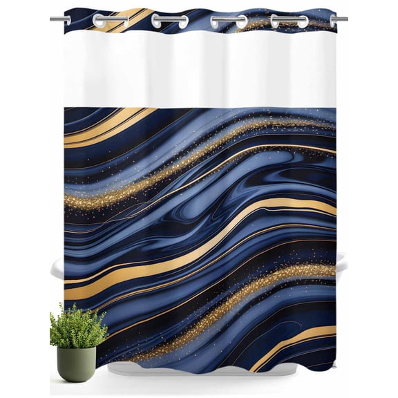 No Hook Shower Curtain with Snap in Liner,Dark Blue Marble Gold Stripe Waterproof Bath Curtain Double Layers with See Through Top Window,Modern Abstract Geometric Hotel Shower Curtains 72x72in