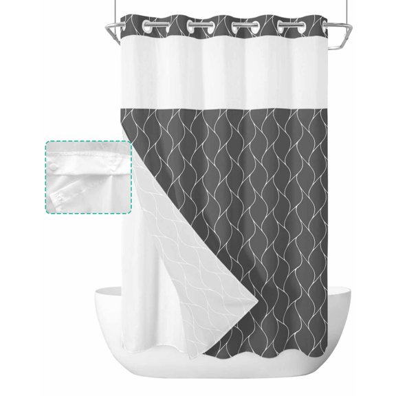 No Hook Shower Curtain with Snap in Liner, Dark Gray Long Wave Pattern Texture Hotel Shower Curtains for Bathroom, Washable Shower Curtain Liner Set with Mesh Top Window, 36"x72"