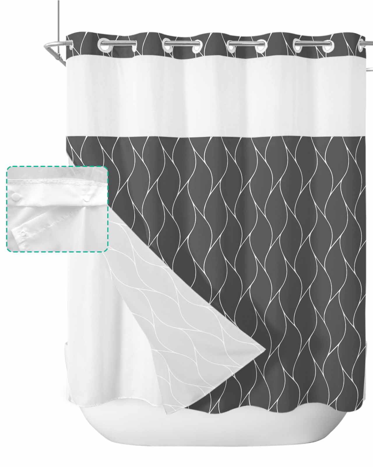 No Hook Shower Curtain with Snap in Liner, Dark Gray Long Wave Pattern ...