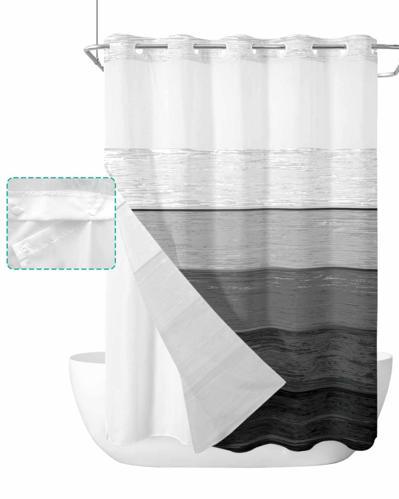 No Hook Shower Curtain with Snap in Liner, Dark Grey Striped Gradient Rustic Wood Board Hotel Shower Curtains for Bathroom, Washable Shower Curtain Liner Set with Mesh Top Window, 72"x96"