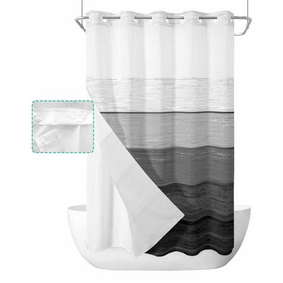 No Hook Shower Curtain with Snap in Liner, Dark Grey Striped Gradient Rustic Wood Board Hotel Shower Curtains for Bathroom, Washable Shower Curtain Liner Set with Mesh Top Window, 36"x78"