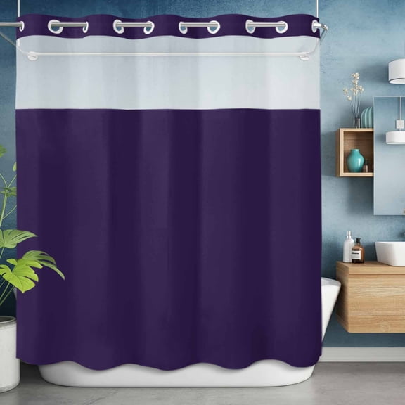 No Hook Shower Curtain with Snap in Liner, Dark Purple Monochrome Art Waterproof Fabric Bathroom Curtain Mesh Top Window, Minimalist Solid Color Shower Curtains 72x72in