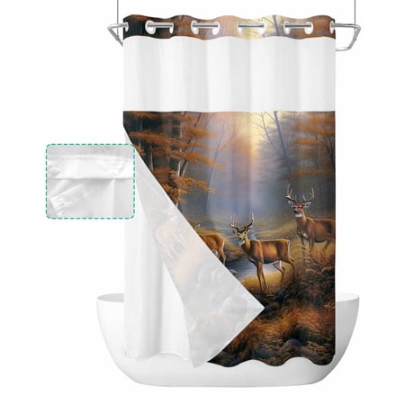 No Hook Shower Curtain with Snap in Liner, Deer in the Forest Brown Trees with Creek Hotel Shower Curtains for Bathroom, Washable Shower Curtain Liner Set with Mesh Top Window, 54"x78"
