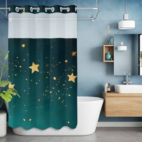 No Hook Shower Curtain with Snap in Liner, Dream Yellow Star on Teal Blue Waterproof Fabric Bathroom Curtain Mesh Top Window, Night Starry Sky Shower Curtains 36x72in