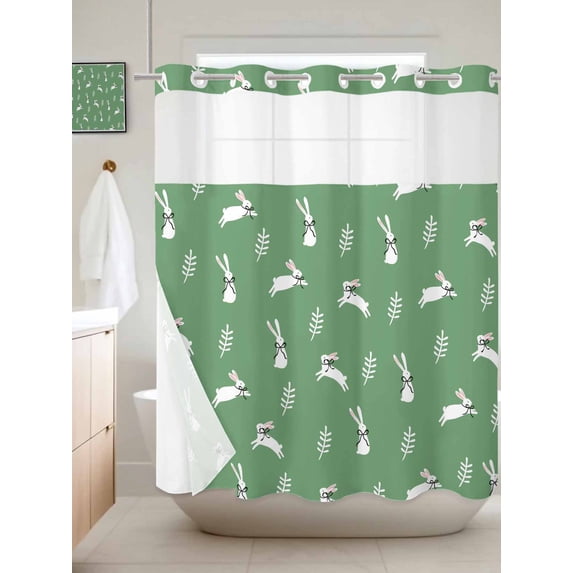 No Hook Shower Curtain with Snap in Liner, Easter Bunny with Bow Leaves on Green Waterproof Bath Curtain Double Layers with See Through Top Window, Spring Botantical Hotel Shower Curtains 72x72in
