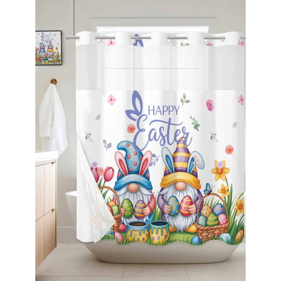 No Hook Shower Curtain with Snap in Liner, Easter Gnome Colorful Egg Waterproof Bath Curtain Double Layers with See Through Top Window, Spring Farmhouse Dwarf Flower Hotel Shower Curtains 72x72in