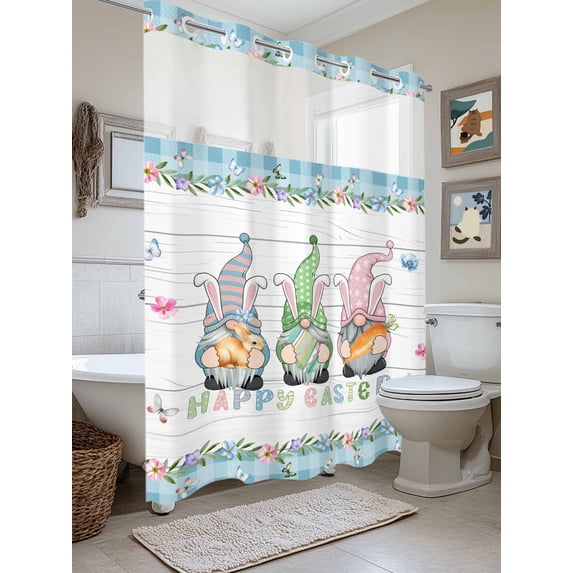 No Hook Shower Curtain with Snap in Liner, Easter Lovely Gnomes Waterproof Bath Curtain Double Layers with See Through Top Window, Rabbit Eggs and Carrots on Wood Board Hotel Shower Curtains 72x84in