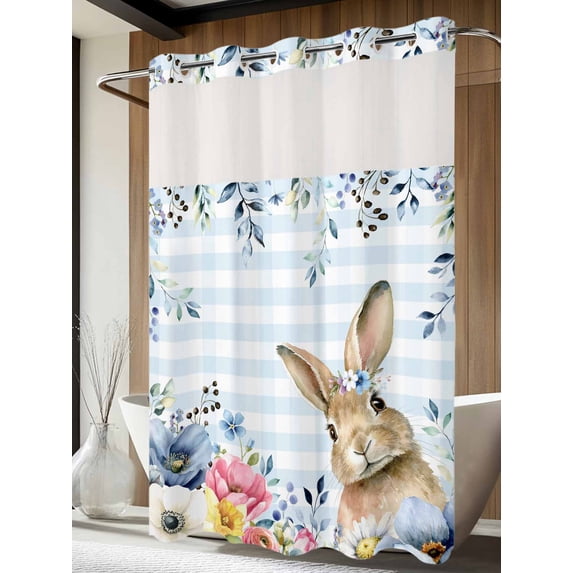No Hook Shower Curtain with Snap in Liner, Easter Rabbit Blossom Flower Waterproof Fabric Bathroom Curtain Mesh Top Window, Eucalyptus on Blue Plaid Shower Curtains 60x72in