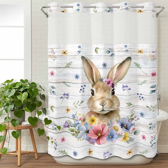 No Hook Shower Curtain with Snap in Liner, Easter Spring Floral Bunny with Leaves Waterproof Bath Curtain with See Through Top Window, Nature Plant on Wooden Board Shower Curtains 48x72in