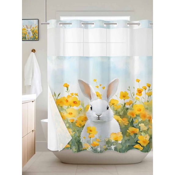 No Hook Shower Curtain with Snap in Liner, Easter Watercolor Cute Bunny Waterproof Bath Curtain Double Layers with See Through Top Window, Rabbit Yellow Flower Garden Hotel Shower Curtains 72x72in