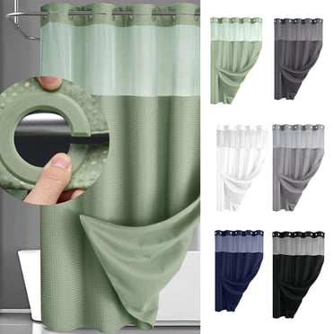 No Hook Shower Curtain with Snap in Liner,Easy Install Hotel Style Waffle Shower Curtain for Bathroom with See Through Top Window,Waterproof &Washable,71Wx74H,Green