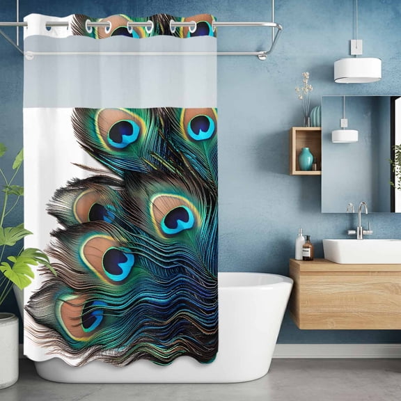 No Hook Shower Curtain with Snap in Liner, Elegant Peacock Tail Feathers Waterproof Bath Curtain Double Layers with See Through Top Window, Vintage Blue Black Eye Hotel Shower Curtains 36x72in