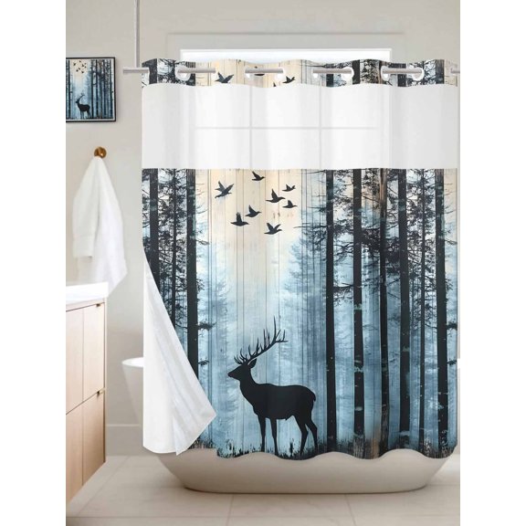 No Hook Shower Curtain with Snap in Liner, Elk Forest Jungle Animal Shadow Waterproof Bath Curtain Double Layers with See Through Top Window, Nature Landscapes Hotel Shower Curtains 72x72in