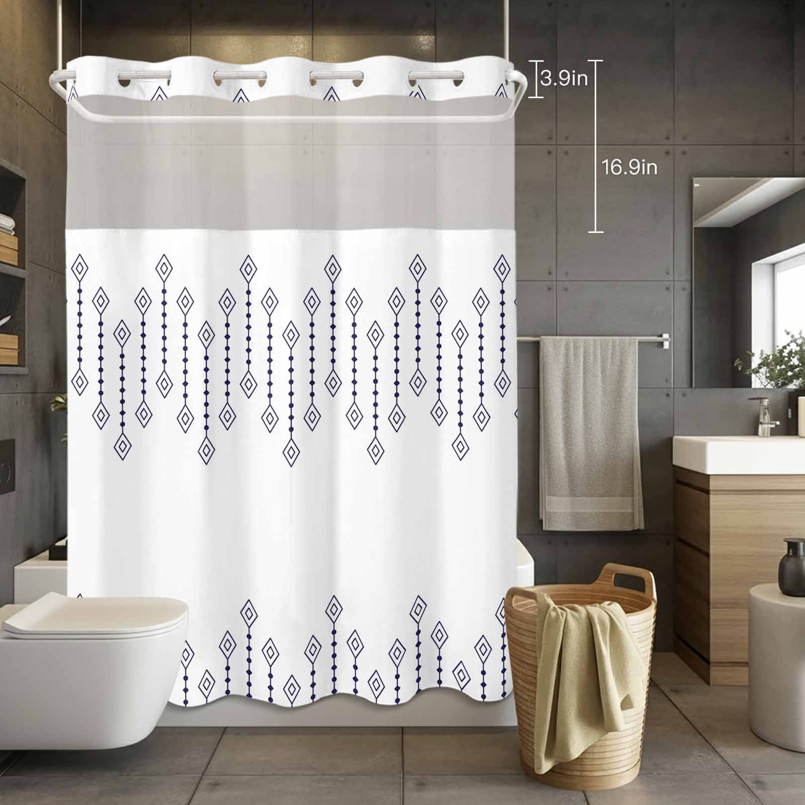 No Hook Shower Curtain with Snap in Liner, Ethnic Minimalist Diamond