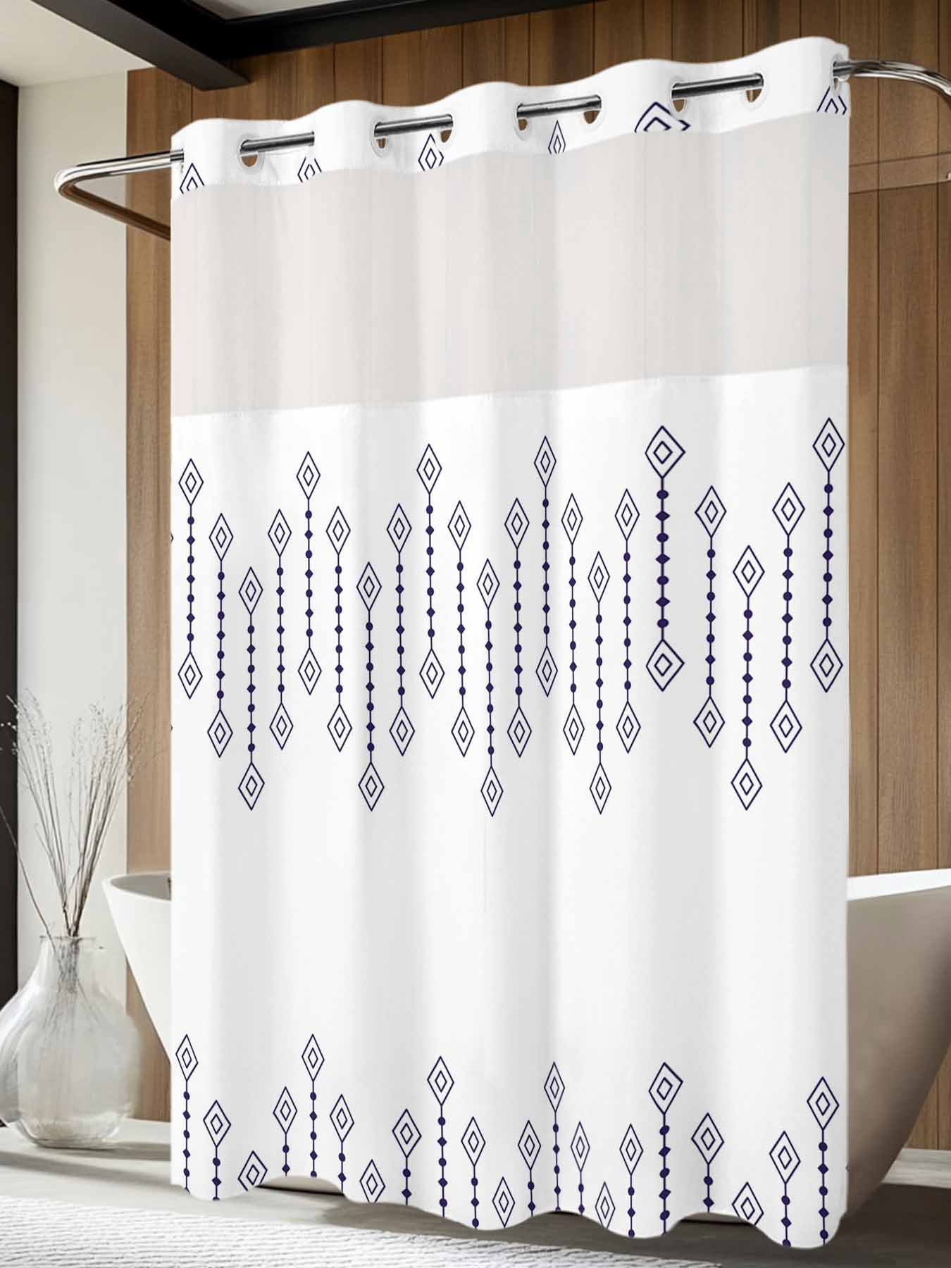 No Hook Shower Curtain with Snap in Liner, Ethnic Minimalist Diamond