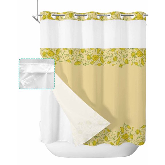 No Hook Shower Curtain with Snap in Liner, Ethnic Style Simple Flower and Leaves Hotel Shower Curtains for Bathroom, Washable Shower Curtain Liner Set with Mesh Top Window, 72”x78”