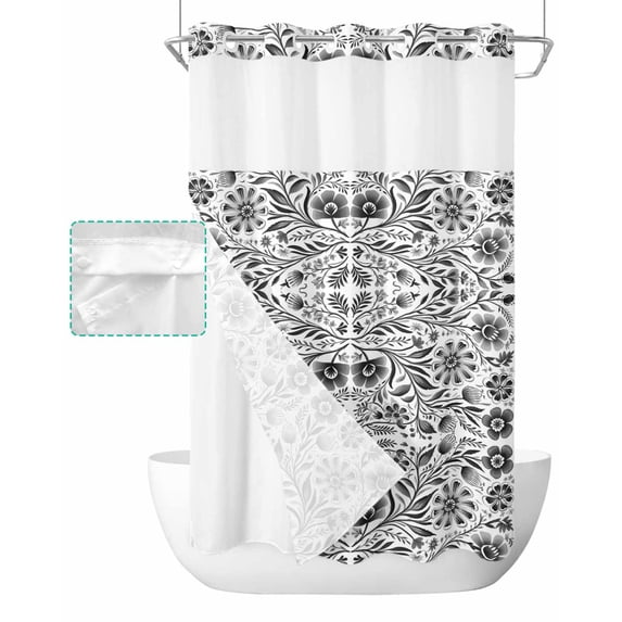 No Hook Shower Curtain with Snap in Liner, Ethnic Style Vintage Flowers Gray Floral Hotel Shower Curtains for Bathroom, Washable Shower Curtain Liner Set with Mesh Top Window, 36"x72"