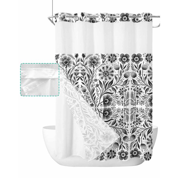 No Hook Shower Curtain with Snap in Liner, Ethnic Style Vintage Flowers Gray Floral Hotel Shower Curtains for Bathroom, Washable Shower Curtain Liner Set with Mesh Top Window, 72"x84"