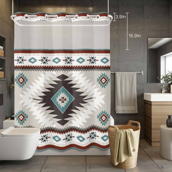 No Hook Shower Curtain with Snap in Liner, Ethnic Tribal Geometric Pattern Waterproof Fabric Bathroom Curtain Mesh Top Window, Aztec Boho Native Texture Shower Curtains 72x84in