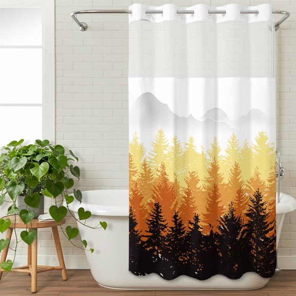 No Hook Shower Curtain with Snap in Liner,Fall Forest Orange Gradient Ombre Waterproof Bath Curtain with See Through Top Window,Jungle Black Shadow Shower Curtains for Bathroom Decor,36x72in