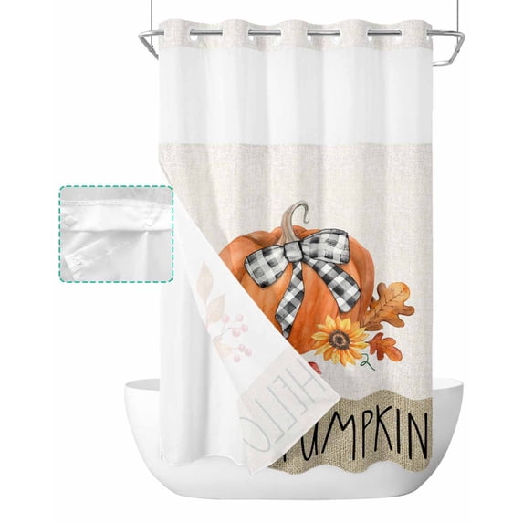No Hook Shower Curtain with Snap in Liner, Fall Pumpkin Flowers Leaves Vintage Burlap Hotel Shower Curtains for Bathroom, Washable Shower Curtain Liner Set with Mesh Top Window, 54"x78"