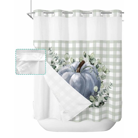 No Hook Shower Curtain with Snap in Liner, Fall Thanksgiving Blue Pumpkin Watercolor Eucalyptus Leaves Green Plaid Shower Curtains for Bathroom, Washable Inner Liner with Mesh Top Window, 66"x72"