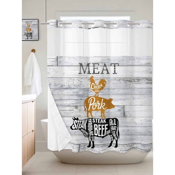No Hook Shower Curtain with Snap in Liner, Farm Animal Meat Waterproof Bath Curtain Double Layers with See Through Top Window, Vintage Chicken Pork and Beef on Wood Board Shower Curtains 72x72in