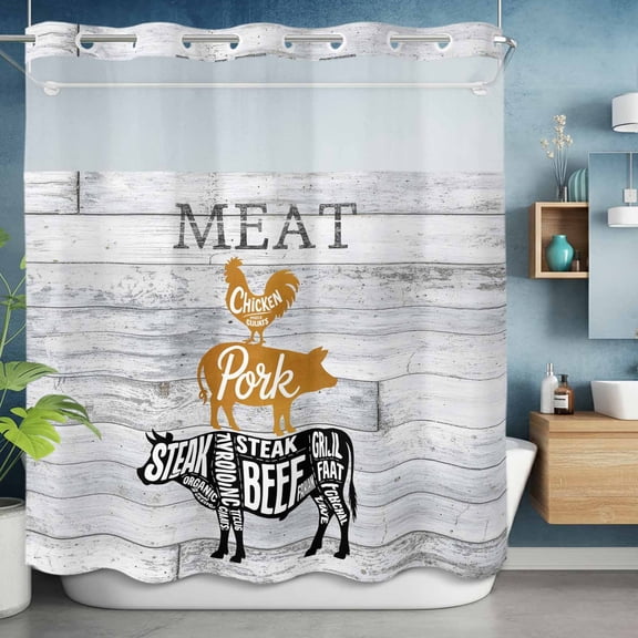 No Hook Shower Curtain with Snap in Liner, Farm Animal Meat Waterproof Fabric Bathroom Curtain Mesh Top Window, Vintage Chicken Pork and Beef on Wood Board Shower Curtains 72x72in