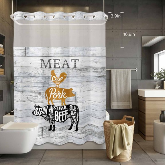 No Hook Shower Curtain with Snap in Liner, Farm Animal Meat Waterproof Fabric Bathroom Curtain Mesh Top Window, Vintage Chicken Pork and Beef on Wood Board Shower Curtains 72x84in