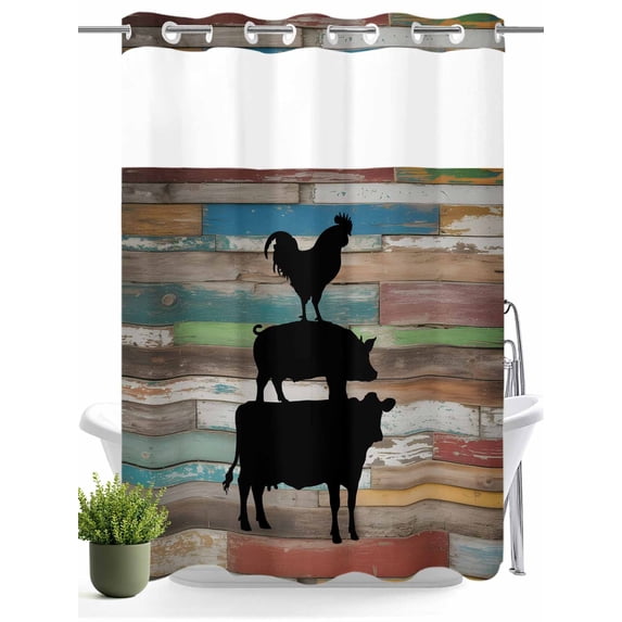 No Hook Shower Curtain with Snap in Liner,Farm Animal Silhouette Cow Pig Chick Waterproof Bath Curtain Double Layers with See Through Top Window,Retro Wood Grain Hotel Shower Curtains 60x72in