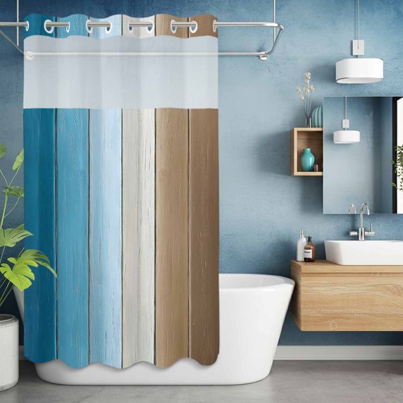 No Hook Shower Curtain with Snap in Liner, Farm Blue Gradient Wood Board Waterproof Bath Curtain Double Layers with See Through Top Window, Vintage Brown Wood Grain Hotel Shower Curtains 36x72in