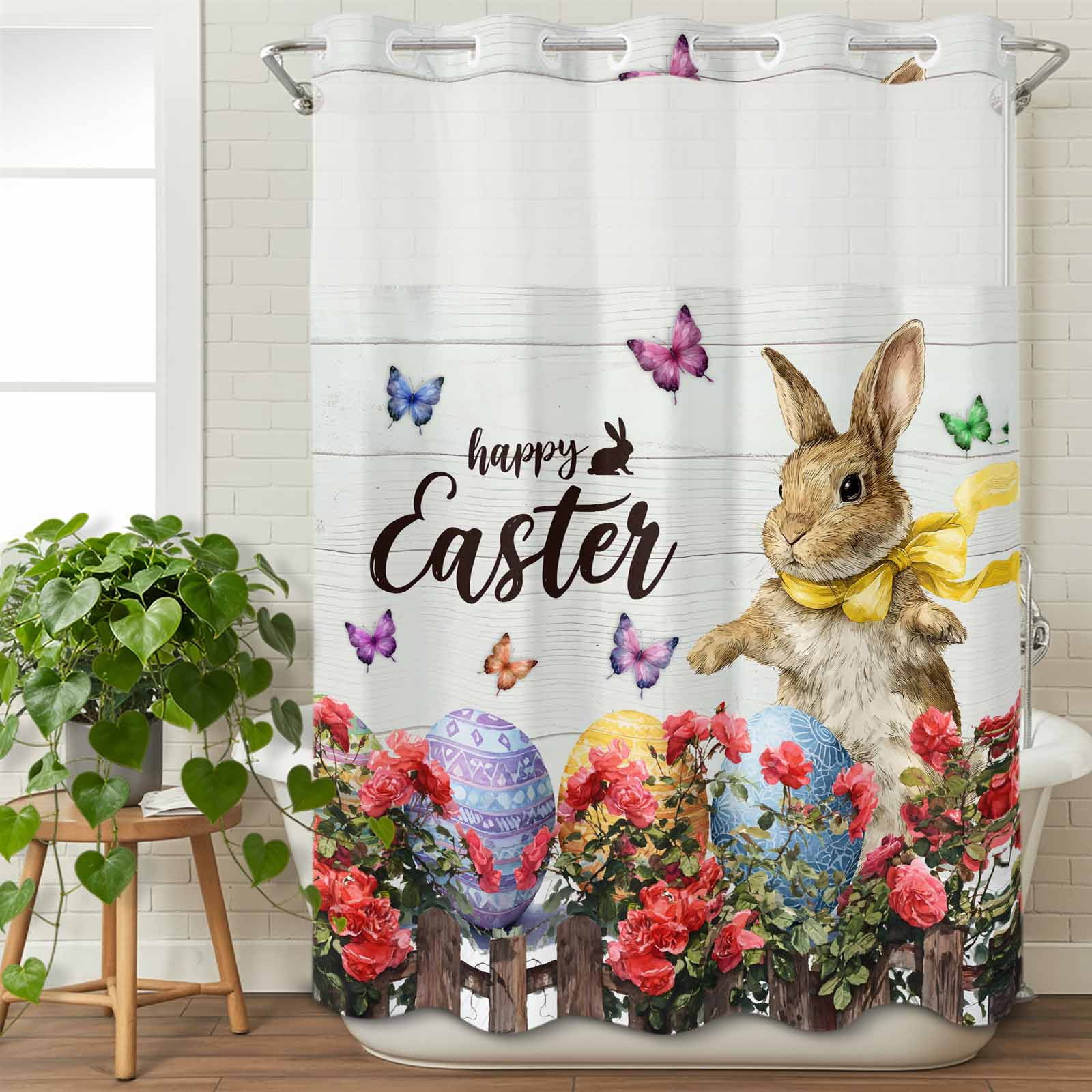No Hook Shower Curtain with Snap in Liner, Farm Brown Bunny Easter Egg
