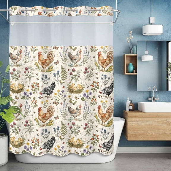 No Hook Shower Curtain with Snap in Liner, Farm Chicken Retro Country Waterproof Bath Curtain Double Layers with See Through Top Window, Spring Herb Wild Flower Hotel Shower Curtains 60x72in
