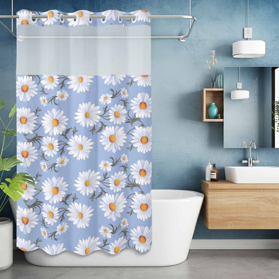 No Hook Shower Curtain with Snap in Liner, Farm Daisy Blooming Flower Waterproof Bath Curtain Double Layers with See Through Top Window, White Floral Artwork Hotel Shower Curtains 36x72in