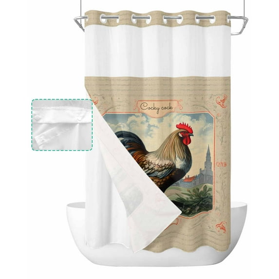 No Hook Shower Curtain with Snap in Liner, Farm Rooster Retro Animal Theme Hotel Shower Curtains for Bathroom, Washable Shower Curtain Liner Set with Mesh Top Window, 36"x72"