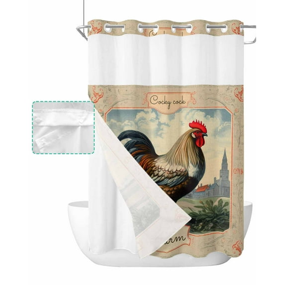 No Hook Shower Curtain with Snap in Liner, Farm Rooster Retro Animal Theme Hotel Shower Curtains for Bathroom, Washable Shower Curtain Liner Set with Mesh Top Window, 60"x72"