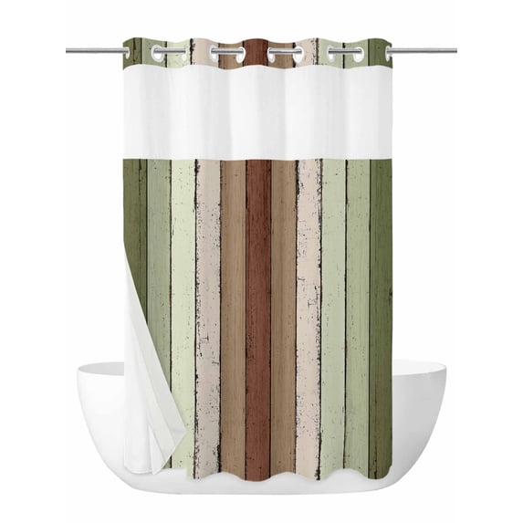 No Hook Shower Curtain with Snap in Liner,Farm Sage Green Wood Board Waterproof Bath Curtain with See Through Top Window,Farmhouse Wooden Grain Shower Curtains for Bathroom Decor,36x72in