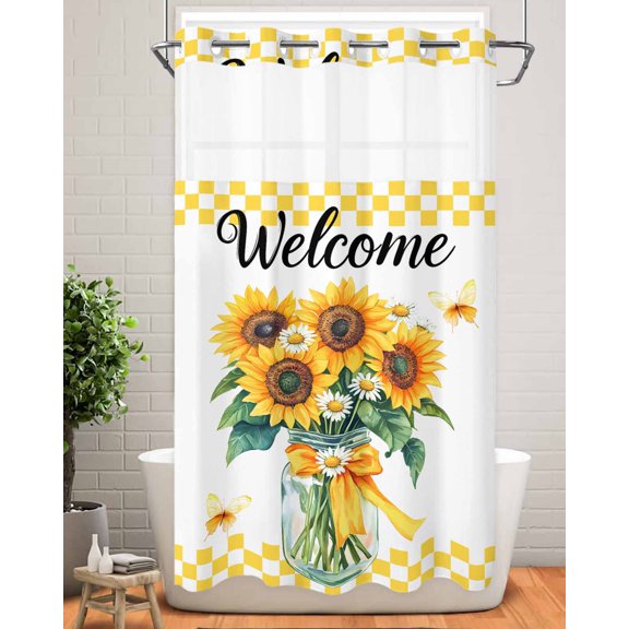 No Hook Shower Curtain with Snap in Liner,Farm Sunflower Butterfly Daisy Leaves Vase Waterproof Bath Curtain Double Layers with See Through Top Window,Yellow Check Hotel Shower Curtains 36x72in