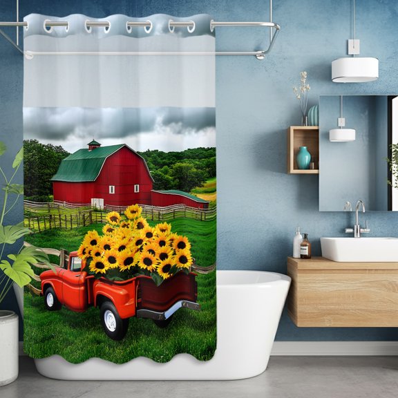 No Hook Shower Curtain with Snap in Liner, Farm Sunflower on Red Truck Waterproof Fabric Bathroom Curtain Mesh Top Window, Watercolor Barn Field Shower Curtains 36x72in