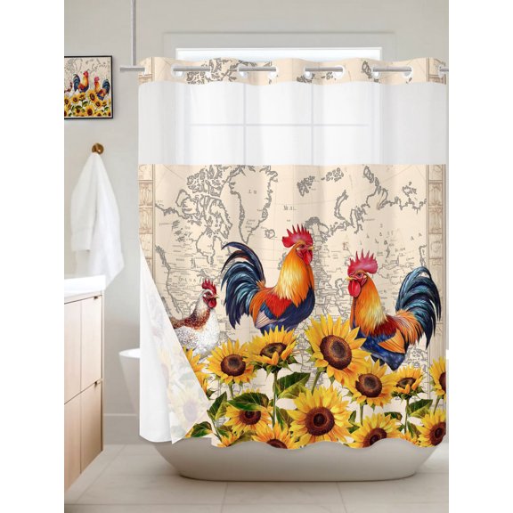 No Hook Shower Curtain with Snap in Liner, Farm Sunflower Rooster Waterproof Bath Curtain Double Layers with See Through Top Window, Retro World Map Hotel Shower Curtains 72x72in