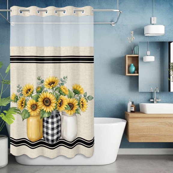 No Hook Shower Curtain with Snap in Liner, Farm Sunflower Vase on Burlap Waterproof Bath Curtain Double Layers with See Through Top Window, Watercolor Floral Eucalyptus Leaf Shower Curtains 36x72in