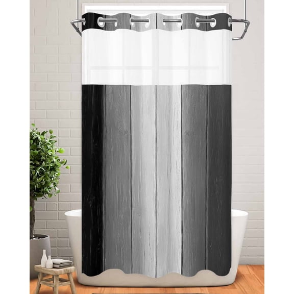 No Hook Shower Curtain with Snap in Liner,Farm Wood Board Gray Gradient Plank Waterproof Bath Curtain Double Layers with See Through Top Window,Retro Wooden Grain Hotel Shower Curtains 36x72in