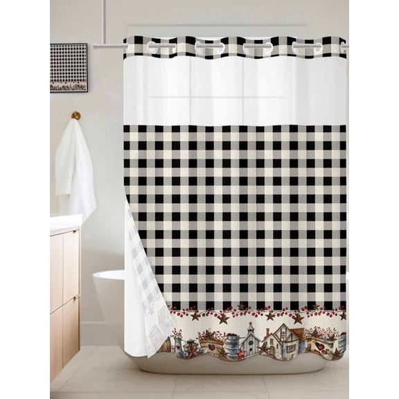 No Hook Shower Curtain with Snap in Liner, Farm Wooden House Black Buffalo Plaid Waterproof Fabric Bathroom Curtain Mesh Top Window, Western Star Shower Curtains 60x72in