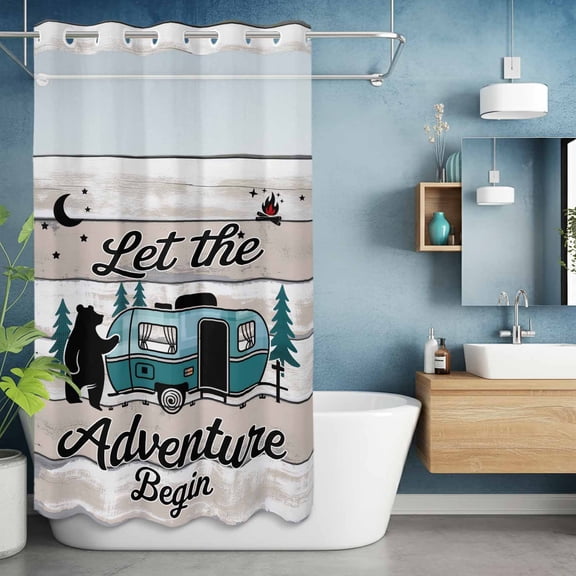 No Hook Shower Curtain with Snap in Liner, Farmhouse Bear Camper Van Tree Waterproof Bath Curtain Double Layers with See Through Top Window, Vintage Wood Grain Hotel Shower Curtains 36x72in