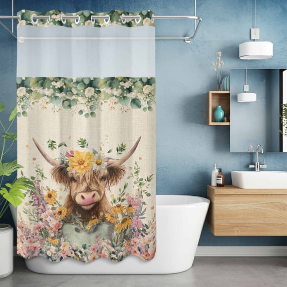 No Hook Shower Curtain with Snap in Liner, Farmhouse Cow Spring Flower Waterproof Fabric Bathroom Curtain Mesh Top Window, Rustic Eucalyptus Leaf Retro Linen Shower Curtains 36x72in