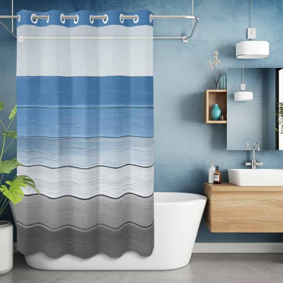 No Hook Shower Curtain with Snap in Liner, Farmhouse Gradient Wood Board Waterproof Bath Curtain Double Layers with See Through Top Window, Blue Gray Ombre Wooden Hotel Shower Curtains 36x72in