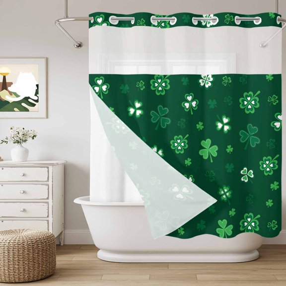No Hook Shower Curtain with Snap in Liner, Farmhouse Green Shamrock Curtain Set See-Through Top Double Layers Saint Patrick's Day Style Shower Curtains for Bathroom Decor, 72x72in