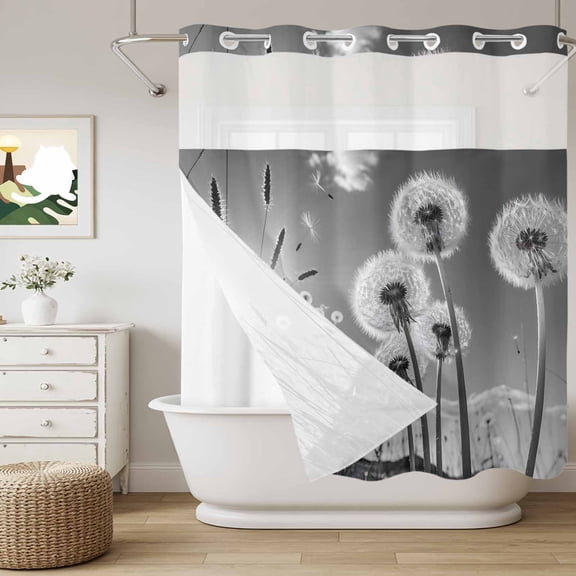 No Hook Shower Curtain with Snap in Liner, Farmhouse Grey Field Dandelion Rural Plant Curtain Set See-Through Top Double Layers Idyllic Botanical Shower Curtains for Bathroom Decor, 72x72in