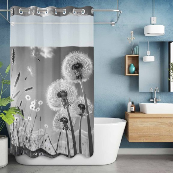 No Hook Shower Curtain with Snap in Liner, Farmhouse Grey Field Dandelion Rural Plant Waterproof Fabric Bathroom Curtain Mesh Top Window, Idyllic Botanical Shower Curtains 36x72in