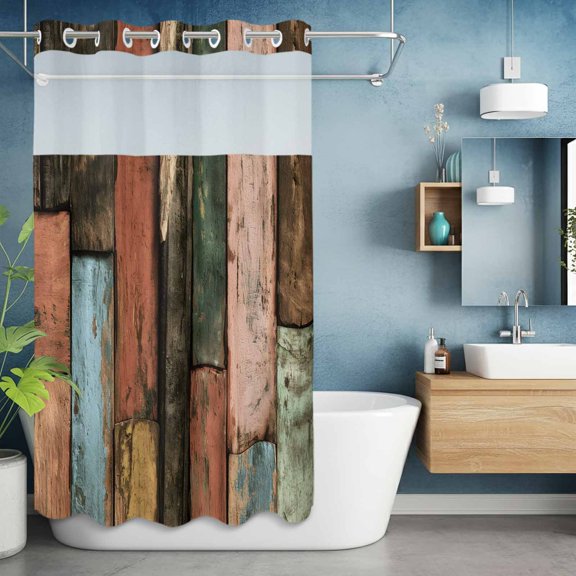 No Hook Shower Curtain with Snap in Liner, Farmhouse Rustic Wooden Plank Barn Waterproof Bath Curtain Double Layers with See Through Top Window, Vintage Splicing Wood Board Shower Curtains 36x72in